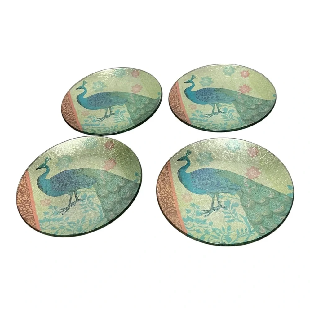 Pier 1 Imports Foiled Back 6” Peacock Appetizer Dessert Plates set of 4